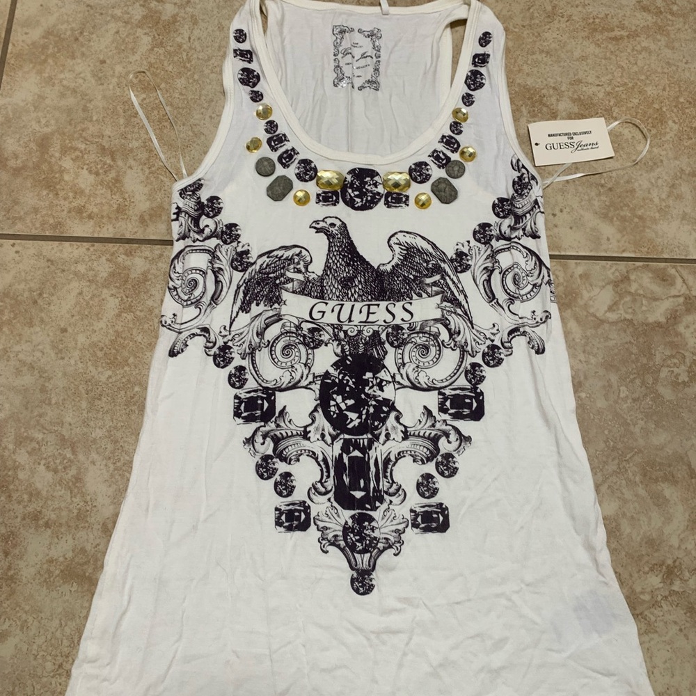 GUESS White and Black Embellished Tank Top orig 44 NWT